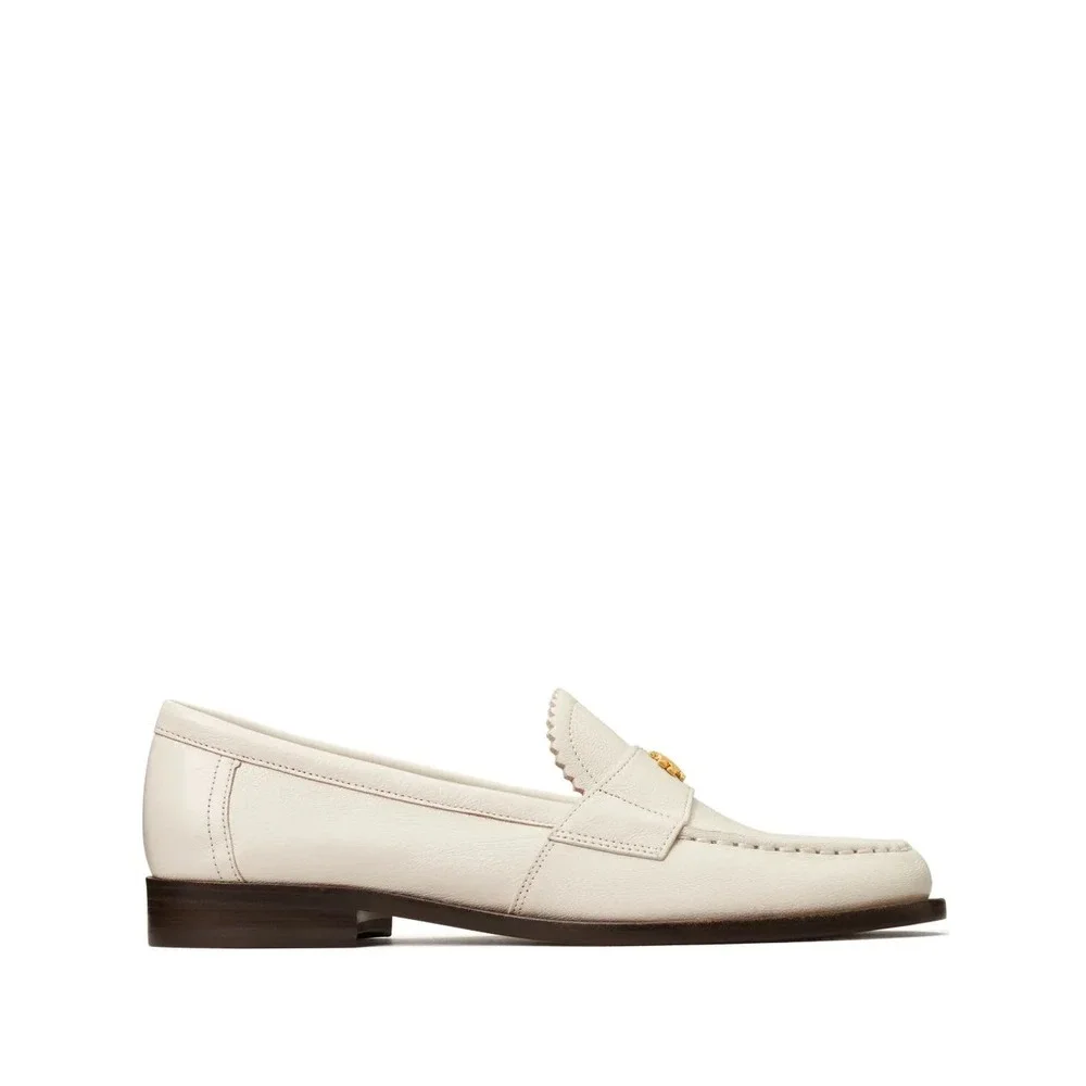 Tory Burch Cream Leather Scalloped Logo‎ Loafers Ivory Low Heel Flats Slip On